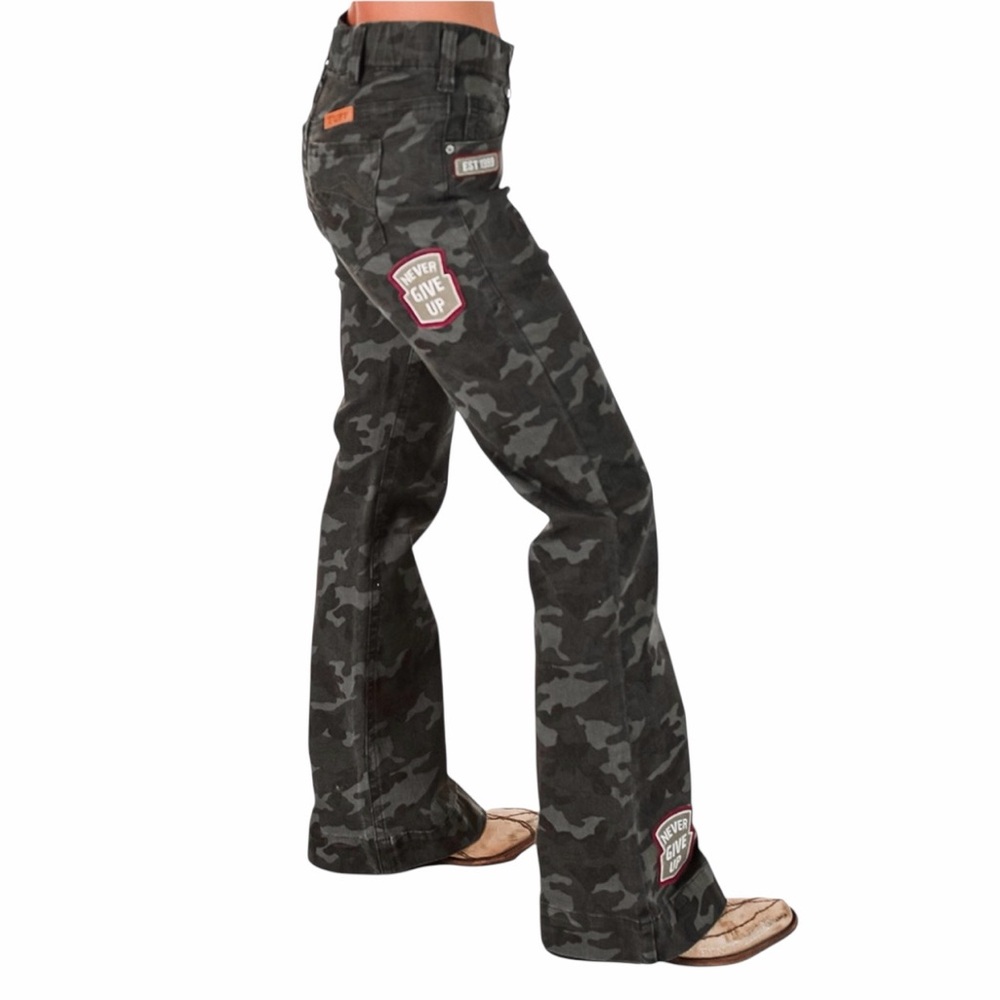 Cowgirl Tuff•Patched Camouflage Pull On Flare Jeans